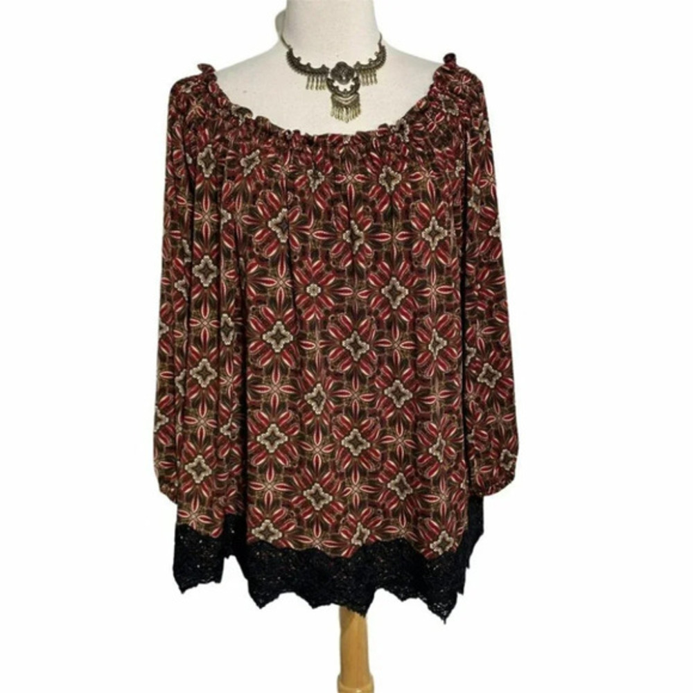 Rafaella XL black boho lace trim smock top Peasant Hippie Casual Festival